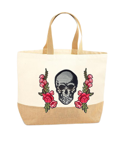 Silver Skull and Roses XL Tote Bag