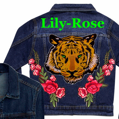 Green Eyed Tiger and Roses Denim Jacket