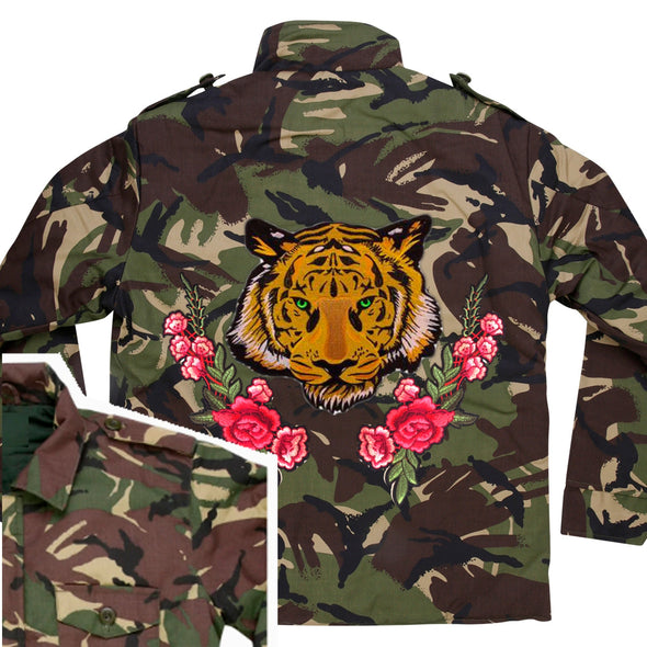 Green Eyed Tiger and Roses Camo Jacket