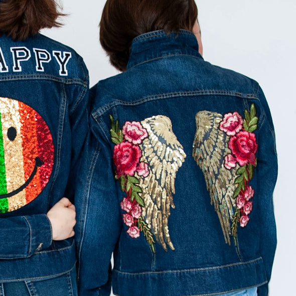 Gold Wings and Roses Denim Jacket