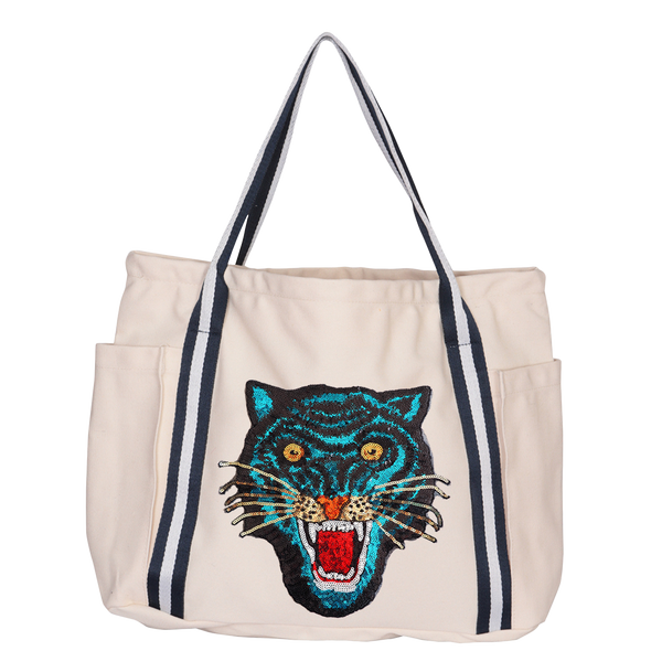 Blue Sequin Tiger Luxe Tote Bag