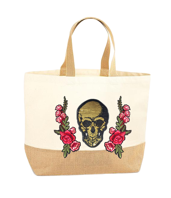 Gold Skull and Roses XL Tote Bag
