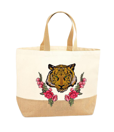 Green Eyed Tiger and Roses XL Tote Bag