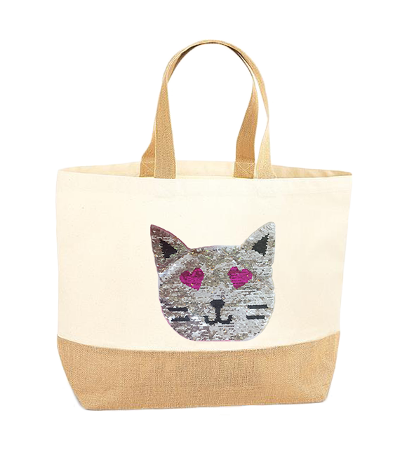 Reversible Sequin Cat XL Tote Bag