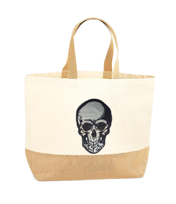 Silver Sequin Skull XL Tote Bag