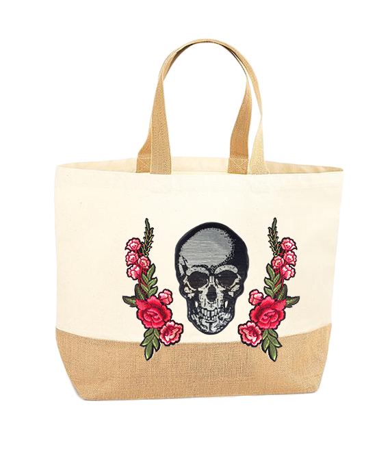 Silver Skull and Roses XL Tote Bag