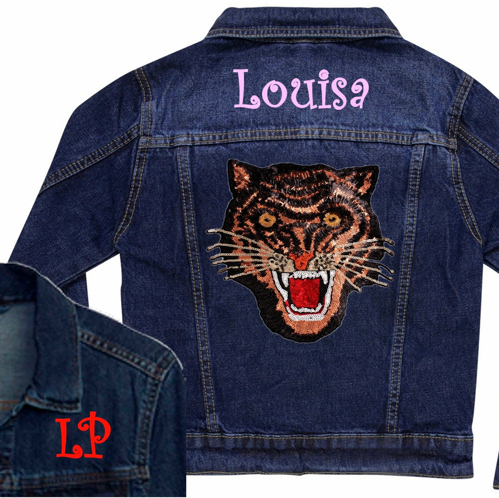 Personalised Rose Gold Sequin Tiger Denim Jacket | Gifts For Kids and Teens 7-8